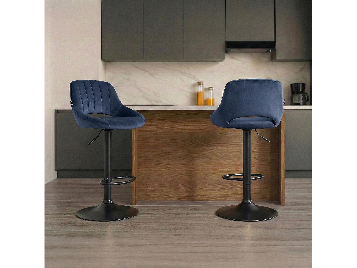 Lot de 2  Tabouret de bar - Velours - Bleu - Milet