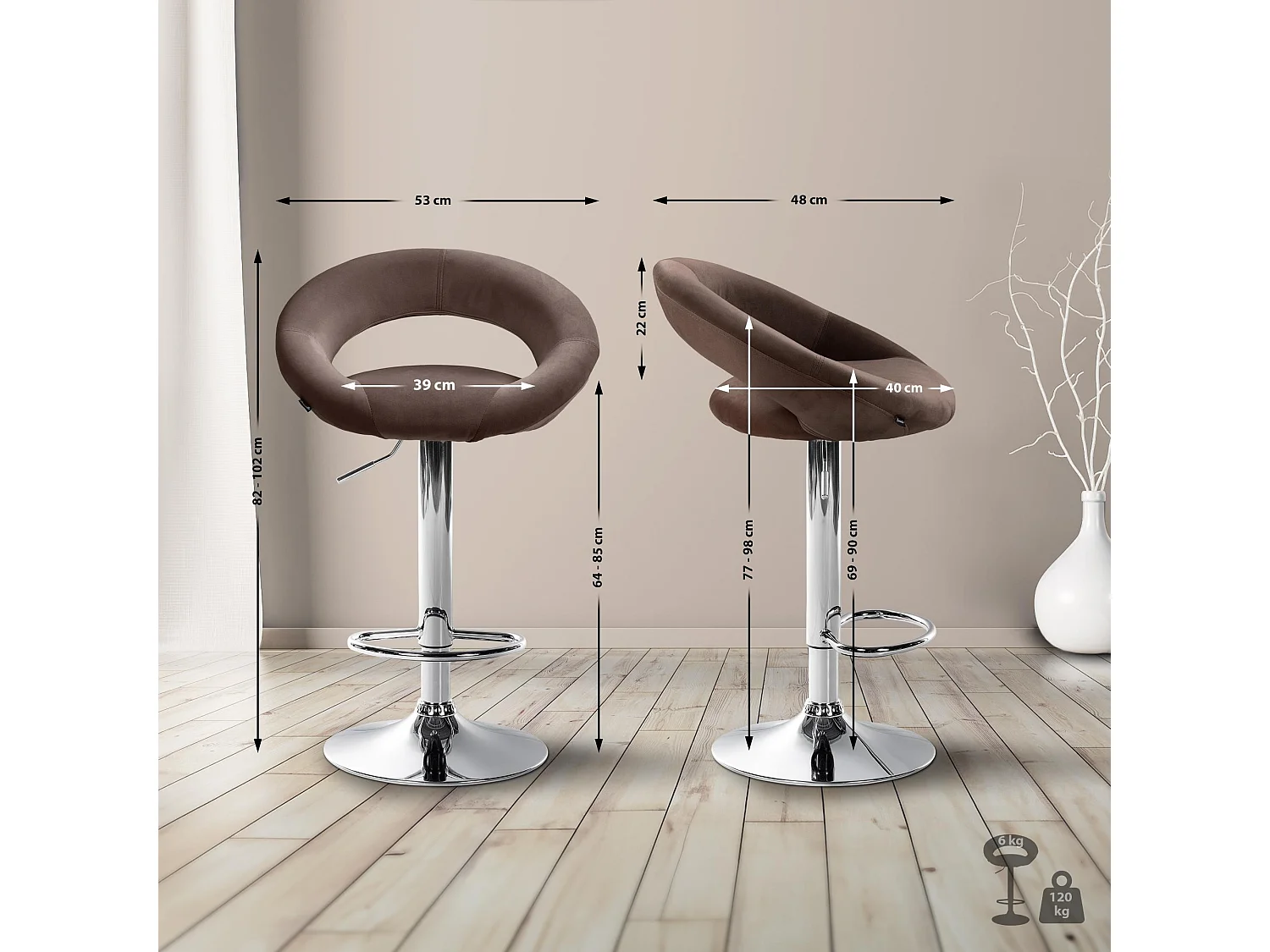 Tabouret de bar - Velours & Chrome - Marron - Olinda