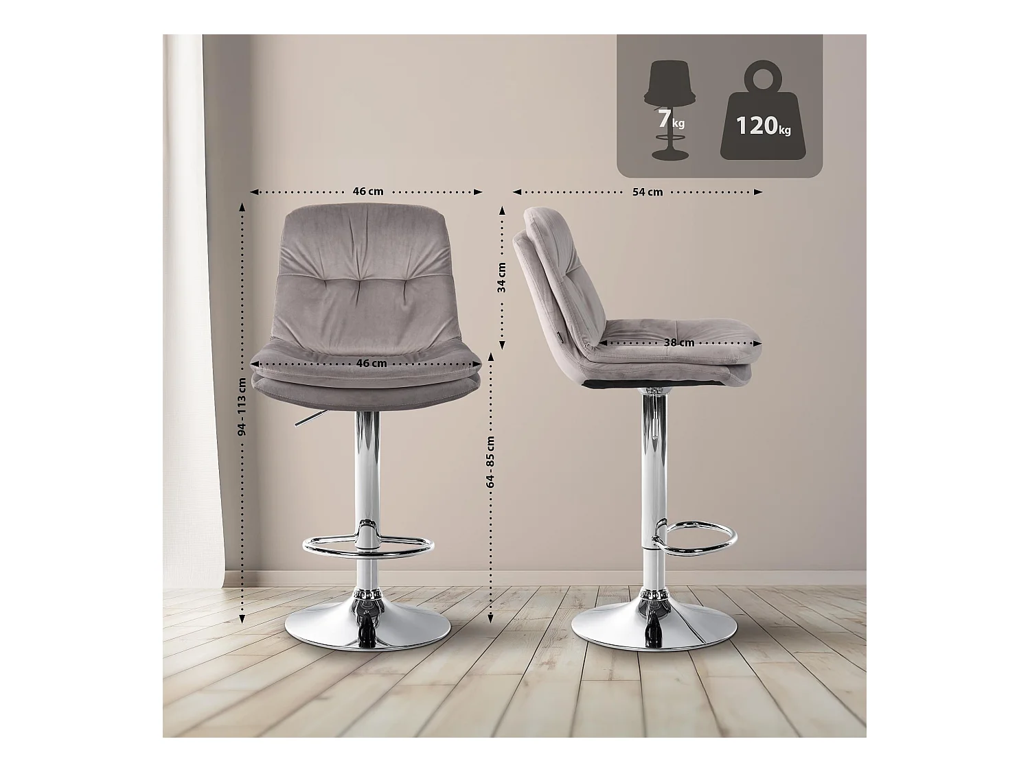 Tabouret de bar - Velours - Gris - Laurel