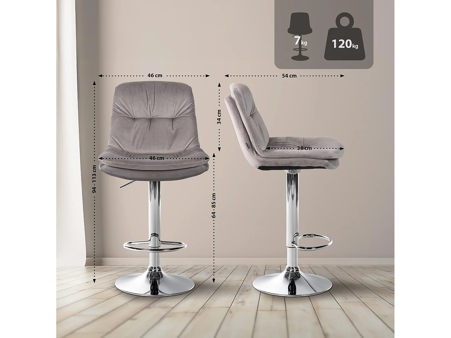 Tabouret de bar - Velours - Gris - Laurel