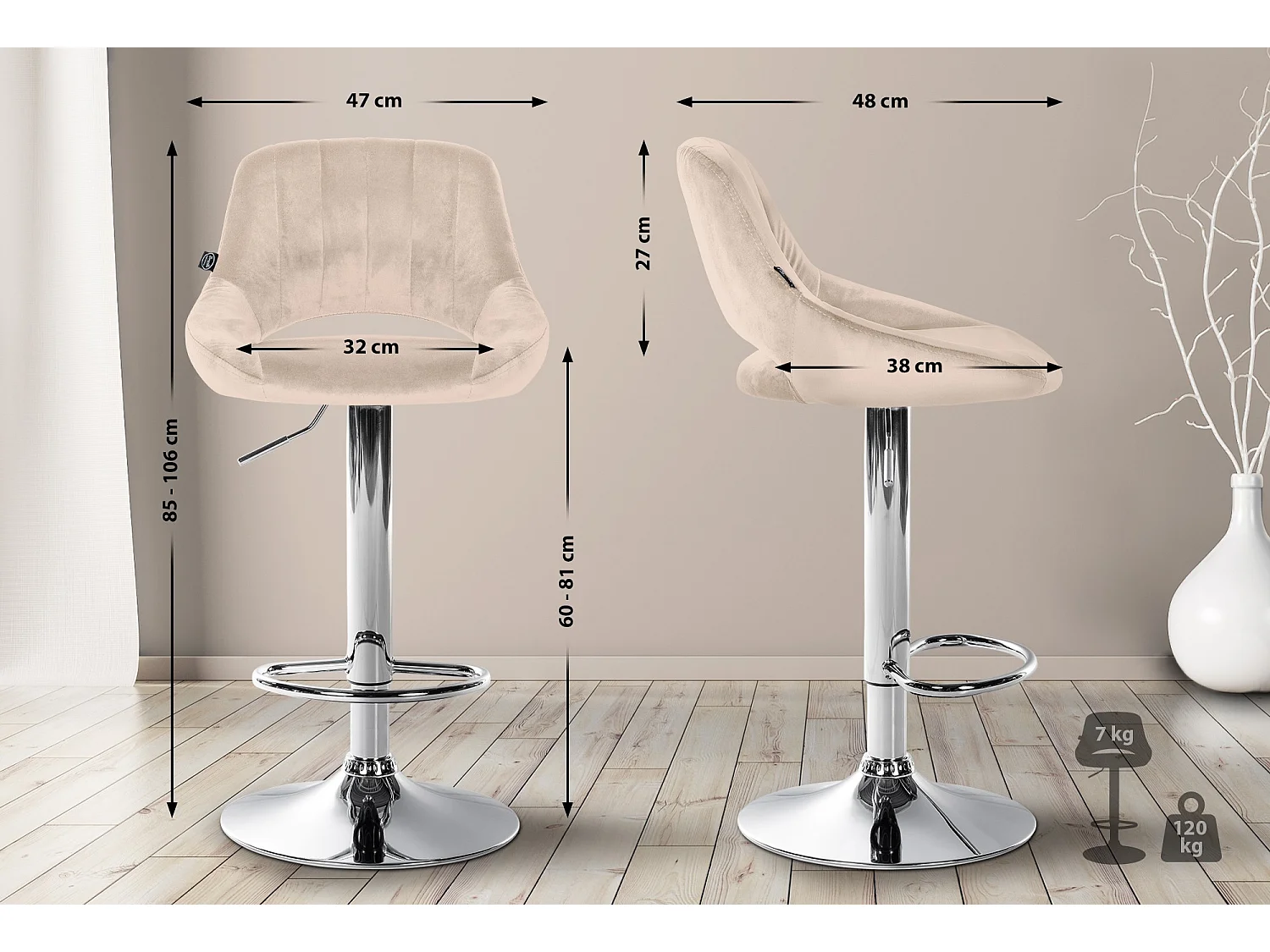 Tabouret de bar - Velours & Chrome - Crème - Milet