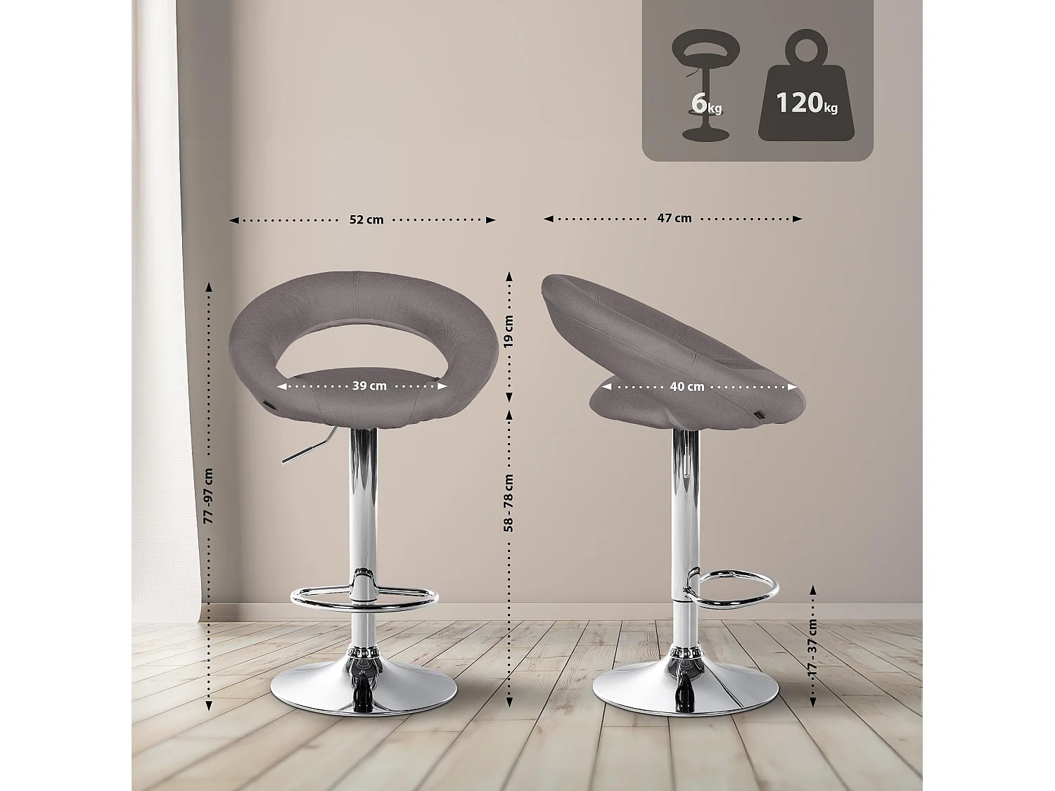Tabouret de bar - Tissu & Chrome - Gris - Olinda