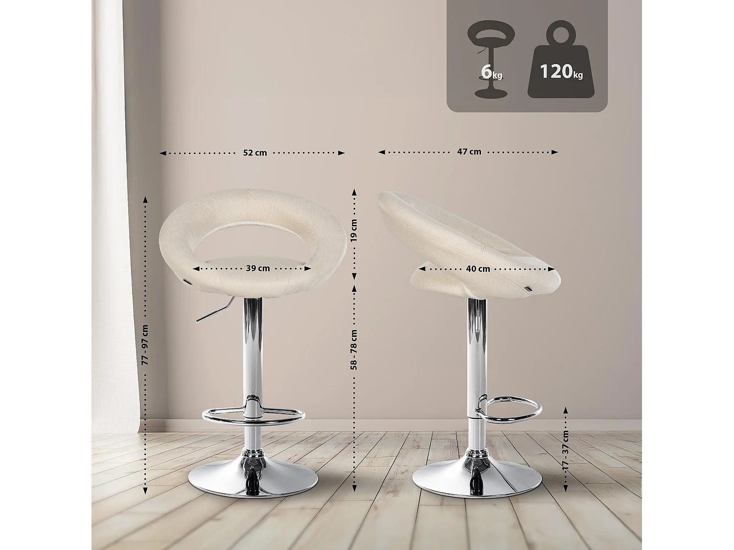 Lot de 2  Tabouret de bar - Tissu & Chrome - Crème - Olinda
