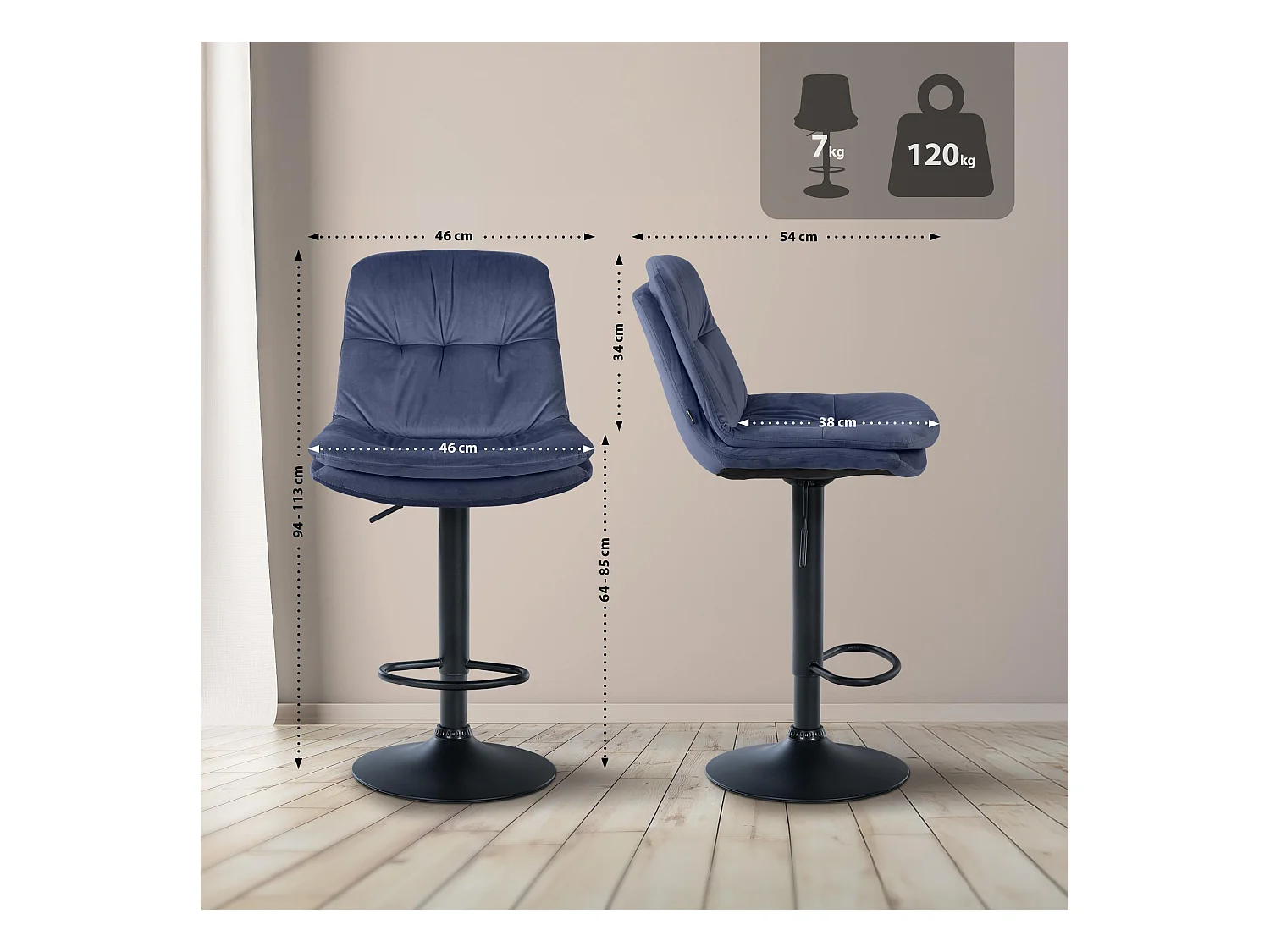 Tabouret de bar - Velours - Bleu - Laurel