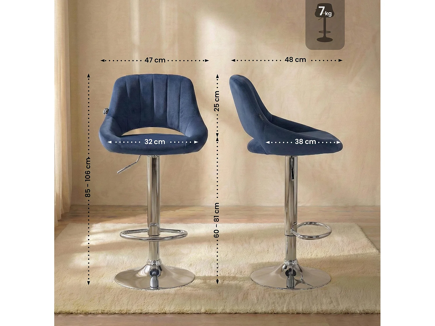 Lot de 2  Tabouret de bar - Velours - Bleu - Milet