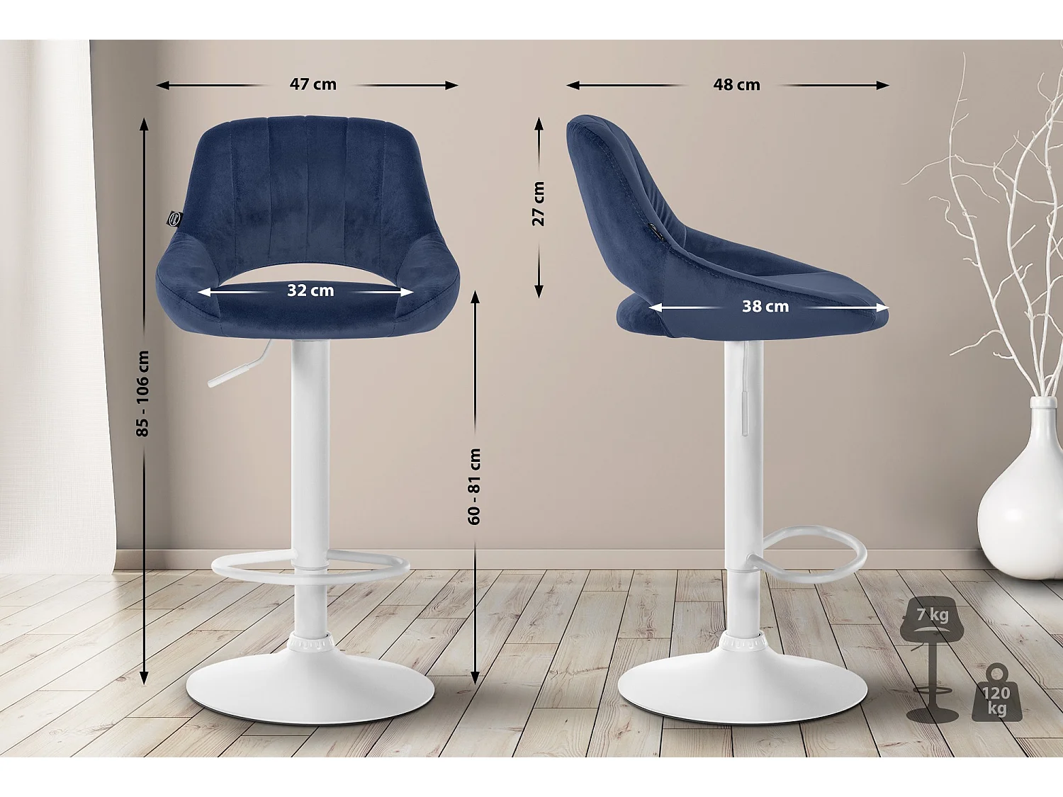 Tabouret de bar - Velours & Blanc - Bleu - Milet