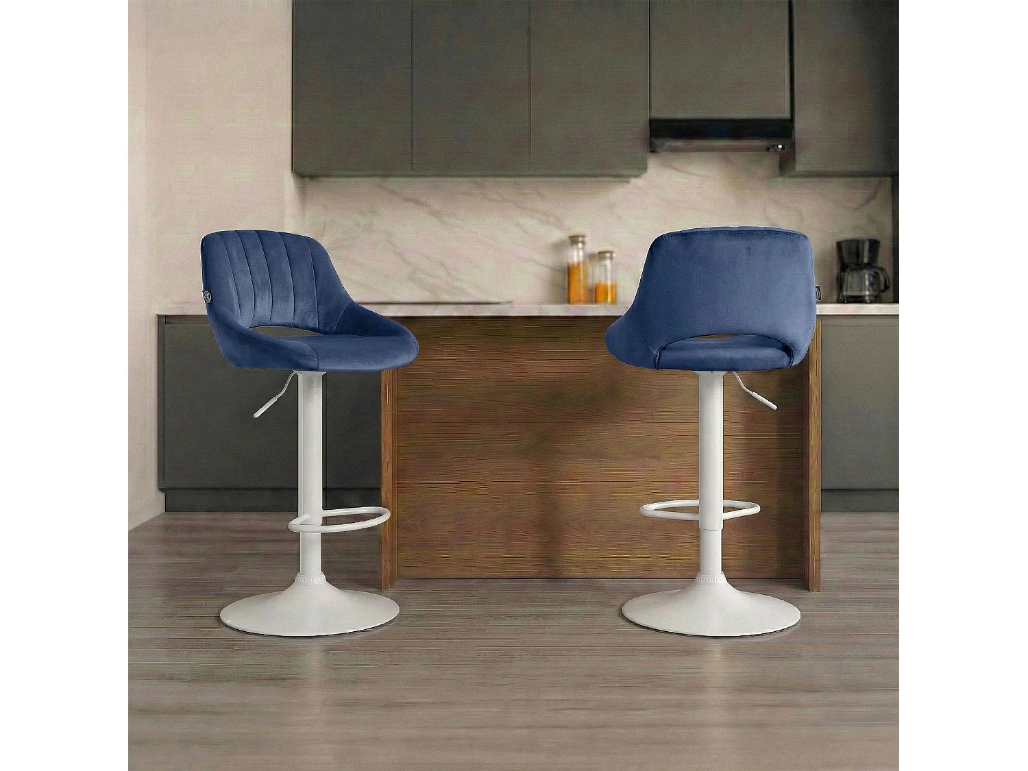 Tabouret de bar - Velours & Blanc - Bleu - Milet