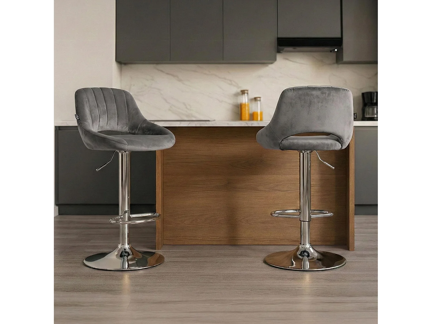 Tabouret de bar - Velours & Chrome - Gris foncé - Milet