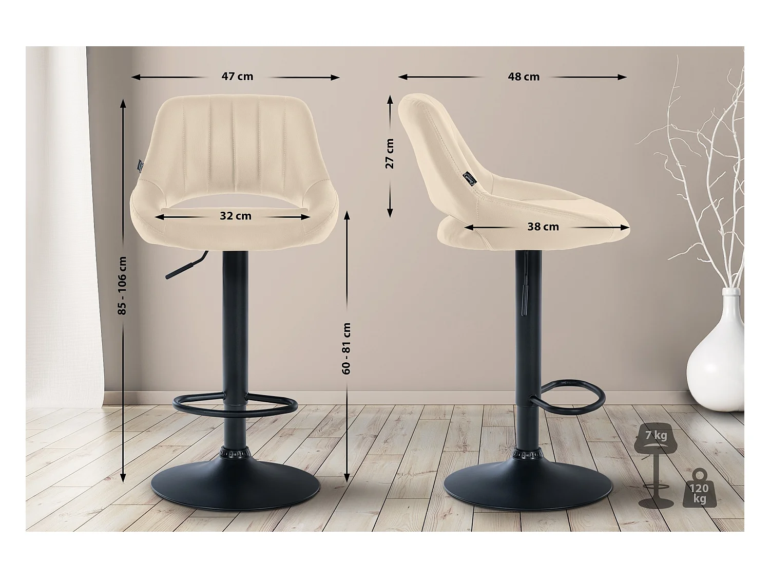 Tabouret de bar - Similicuir & Noir - Crème - Milet