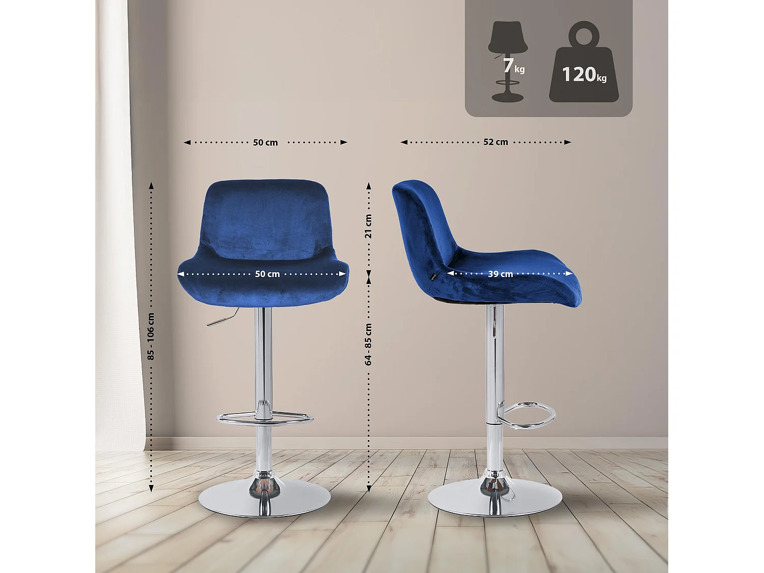 Tabouret de bar - Velours - Bleu - Solon