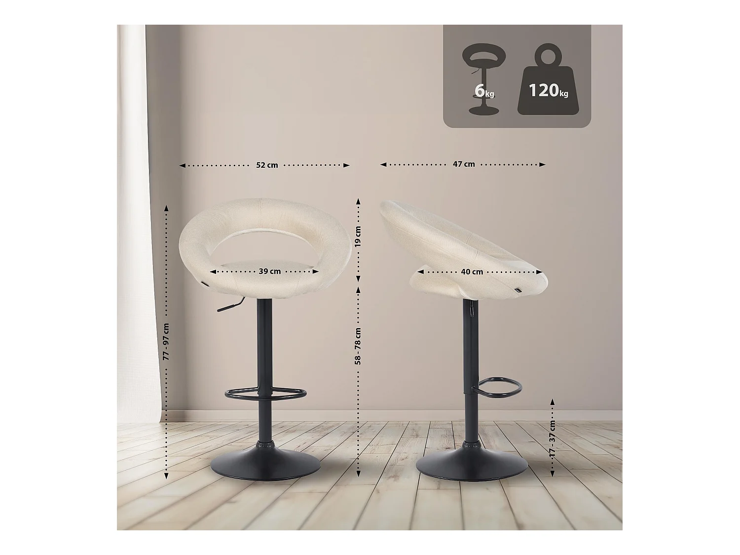 Lot de 2  Tabouret de bar - Tissu & Noir - Crème - Olinda