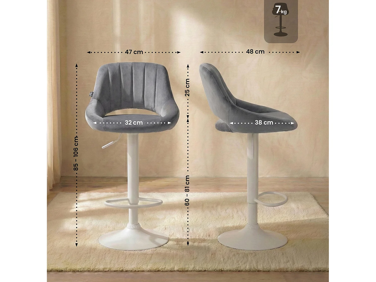Tabouret de bar - Velours & Blanc - Gris foncé - Milet