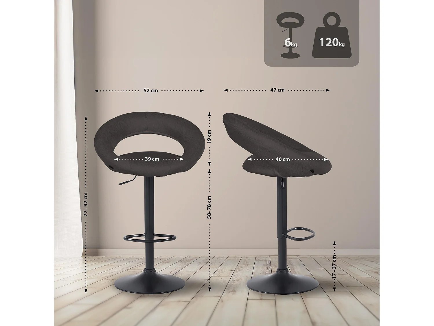 Tabouret de bar - Tissu & Noir - Gris foncé - Olinda