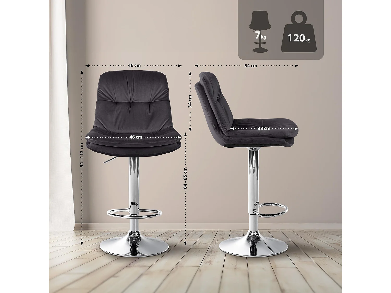 Tabouret de bar - Velours - Noir - Laurel