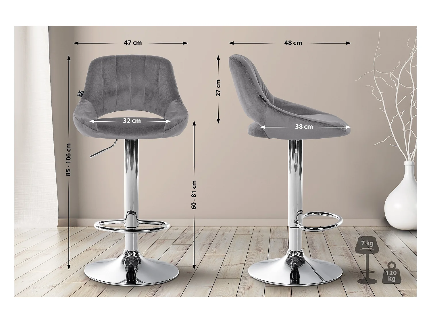 Lot de 2  Tabouret de bar - Velours - Gris foncé - Milet