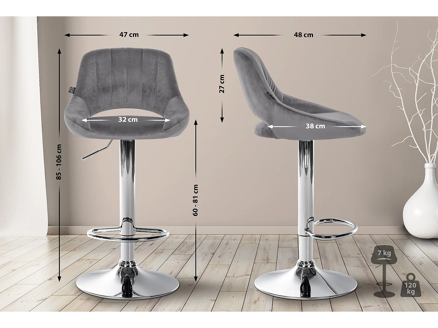 Lot de 2  Tabouret de bar - Velours - Gris foncé - Milet