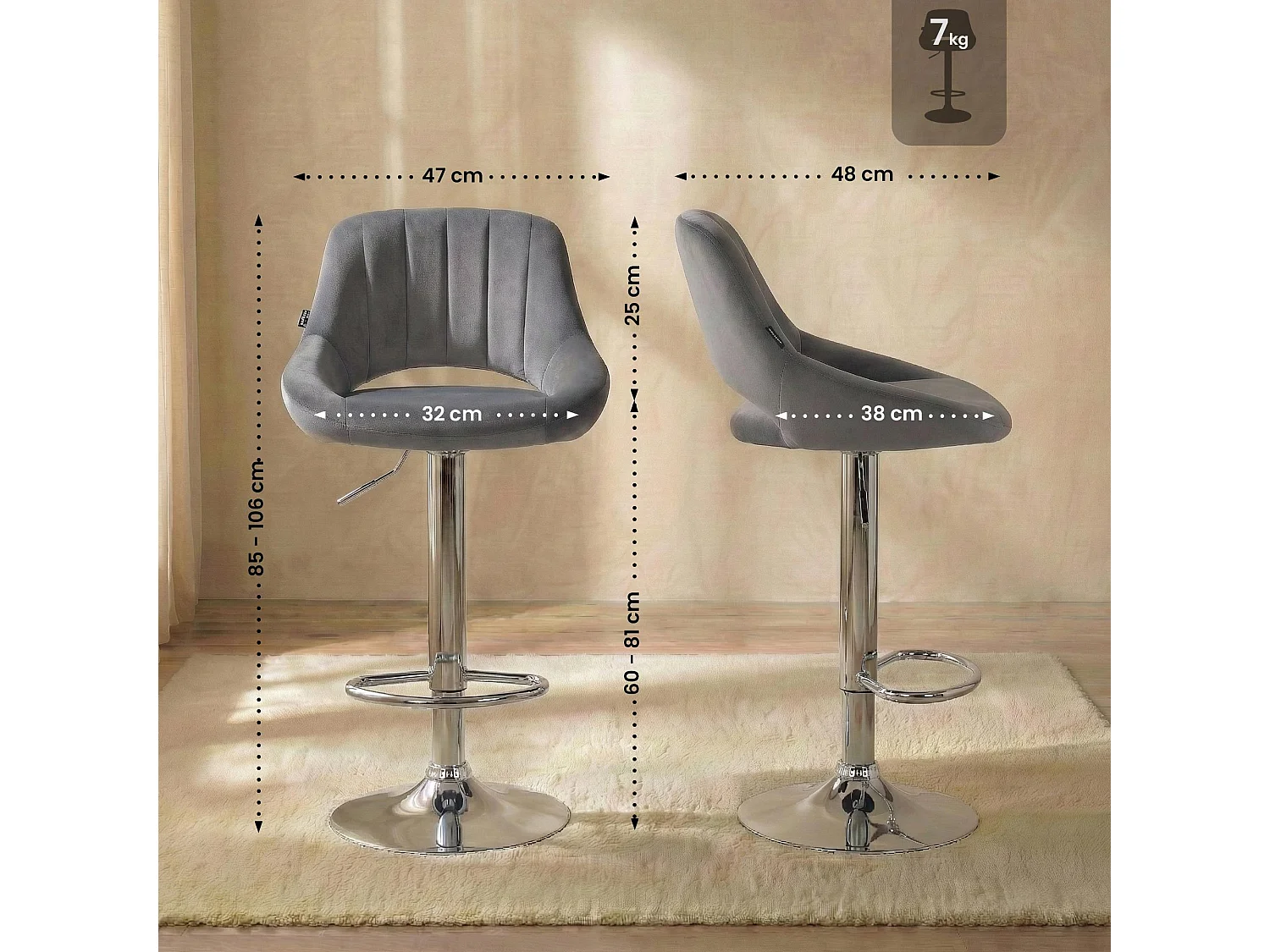 Lot de 2  Tabouret de bar - Velours - Gris foncé - Milet