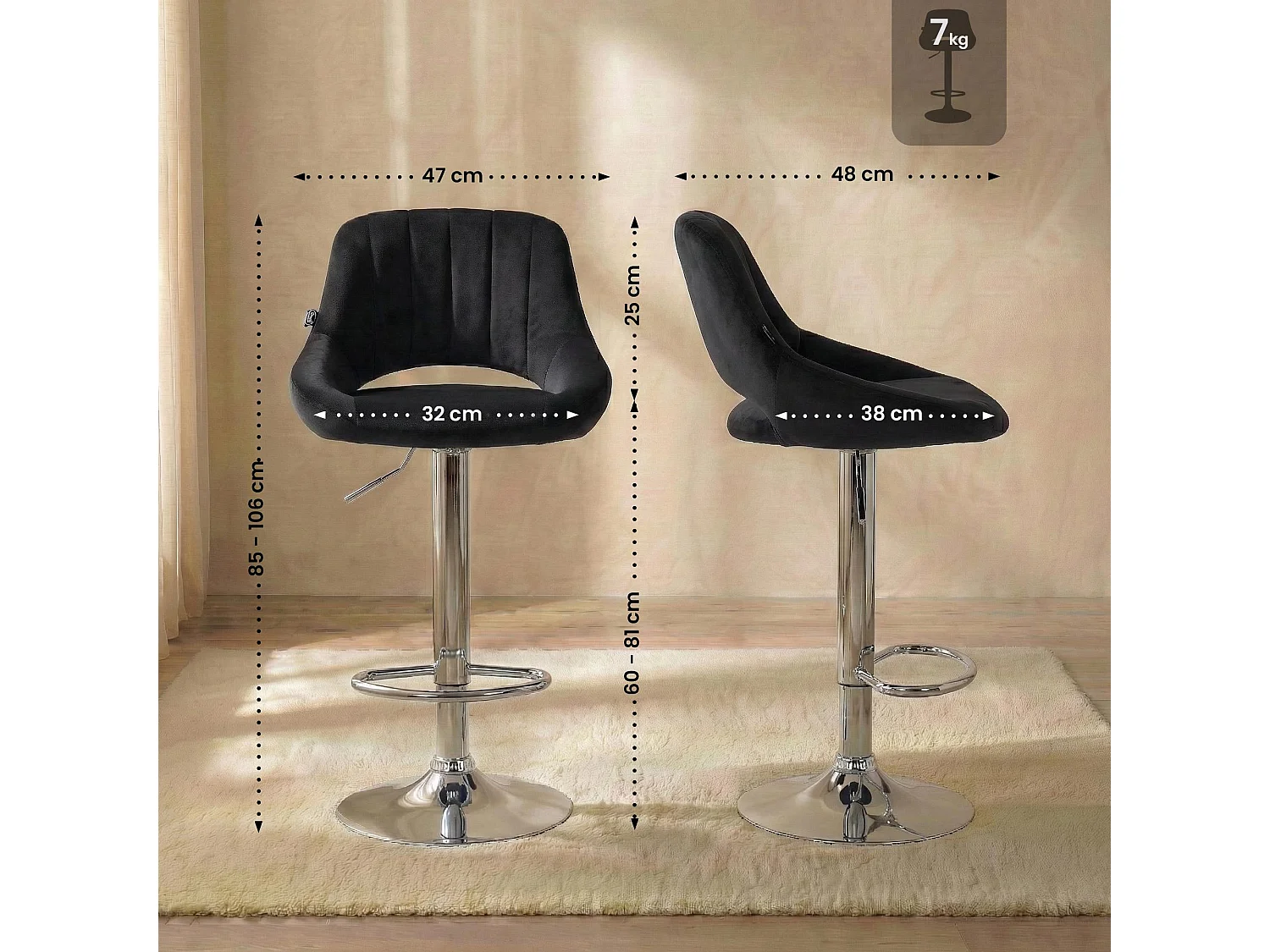 Lot de 2  Tabouret de bar - Velours - Noir - Milet
