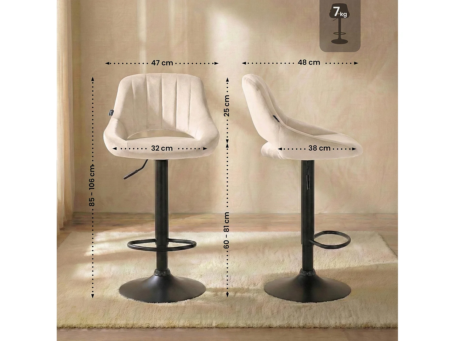 Lot de 2  Tabouret de bar - Velours - Crème - Milet