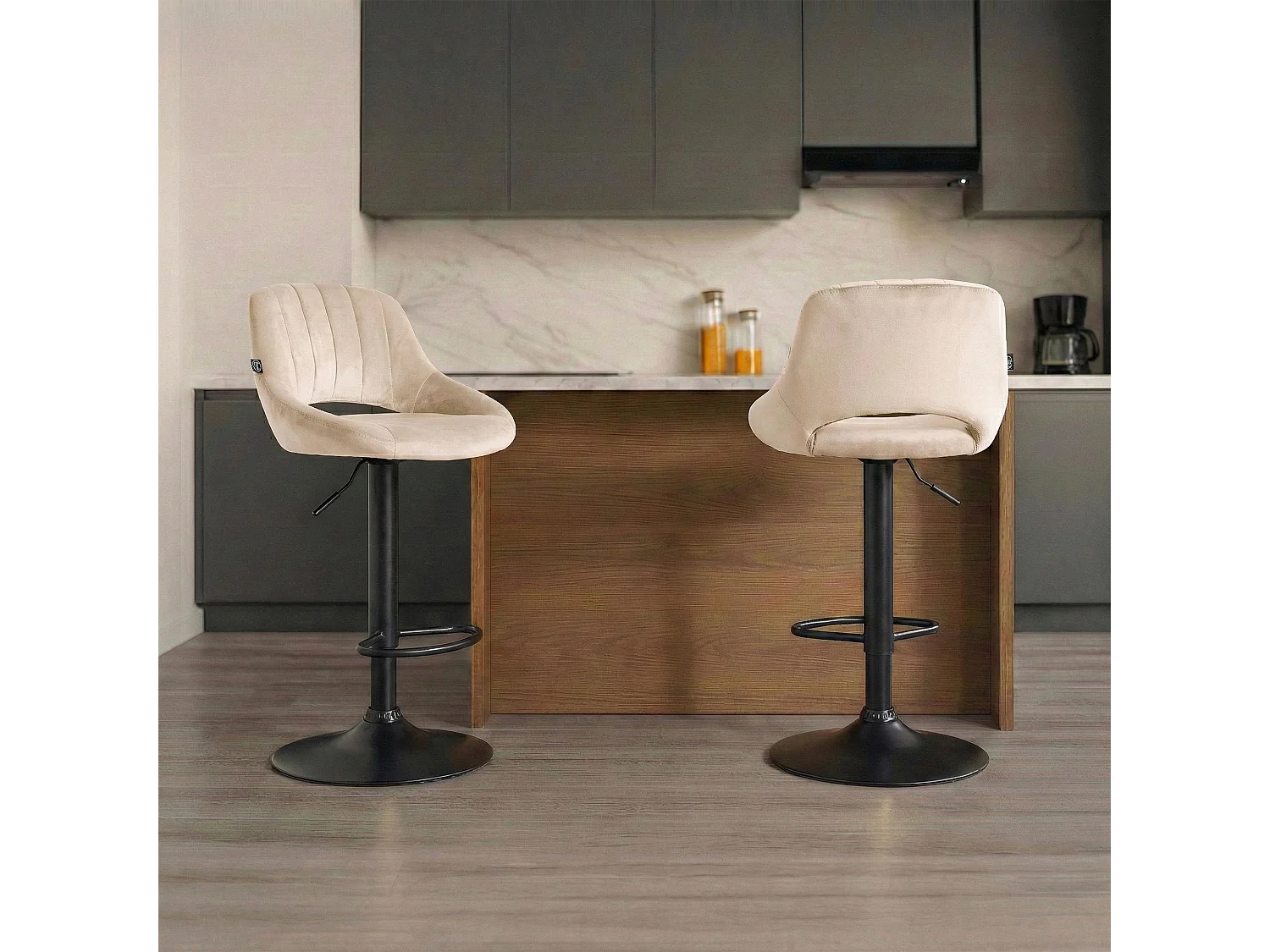 Lot de 2  Tabouret de bar - Velours - Crème - Milet
