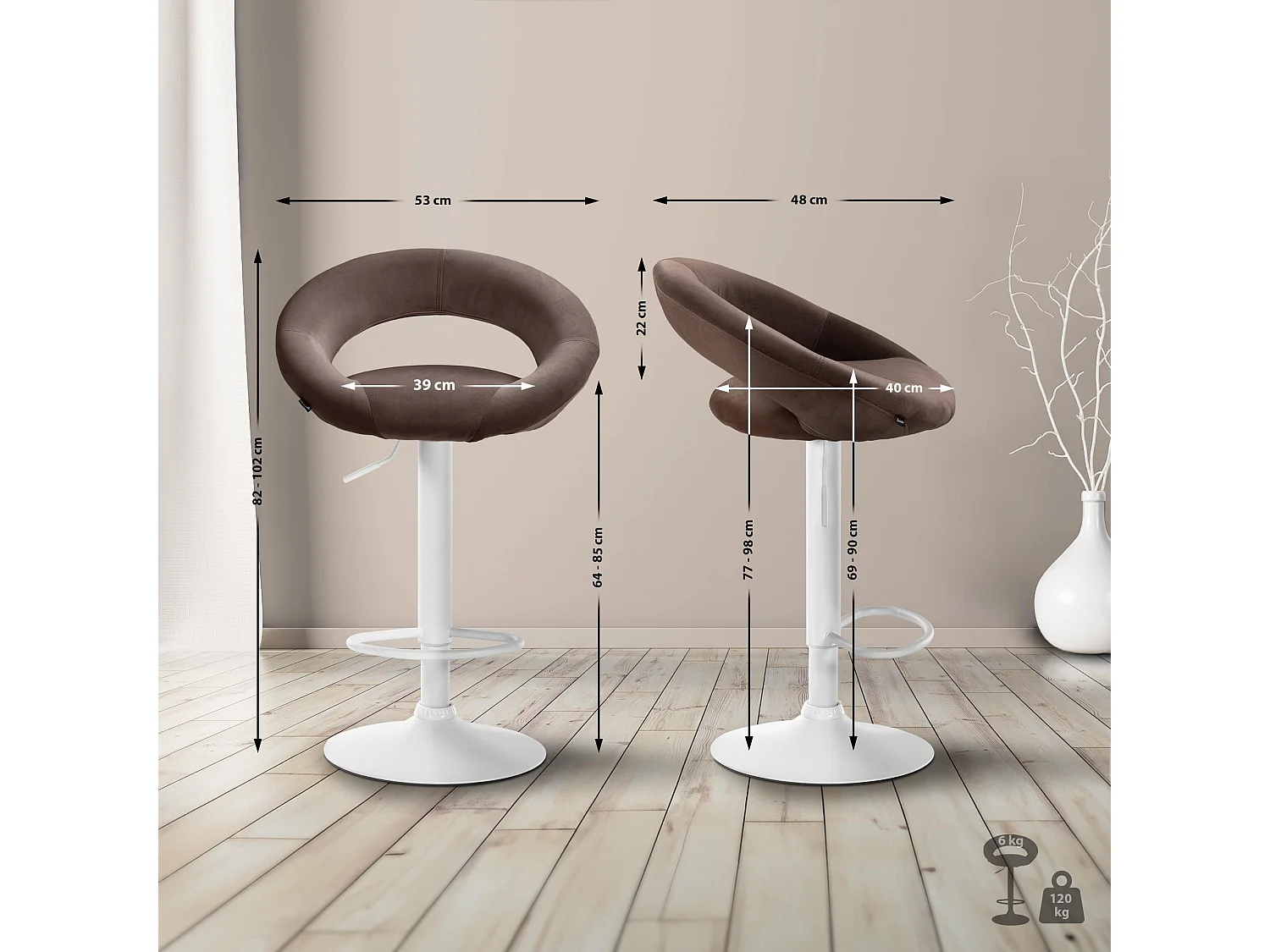 Tabouret de bar - Velours & Blanc - Marron - Olinda