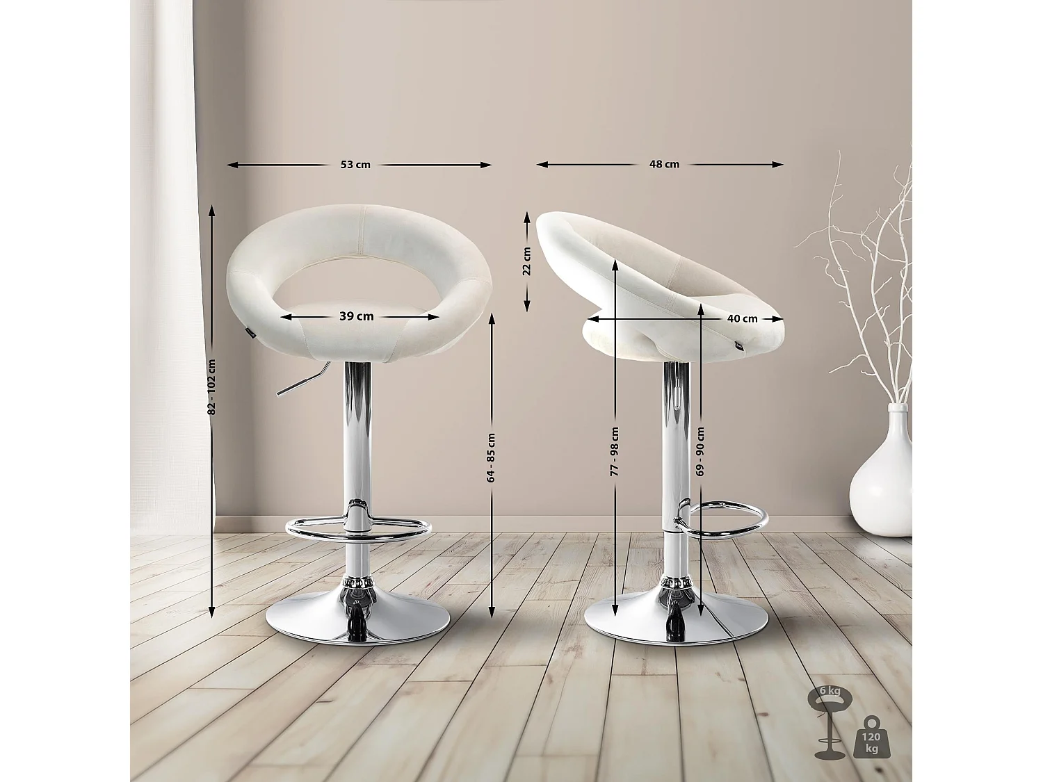 Tabouret de bar - Velours & Chrome - Crème - Olinda