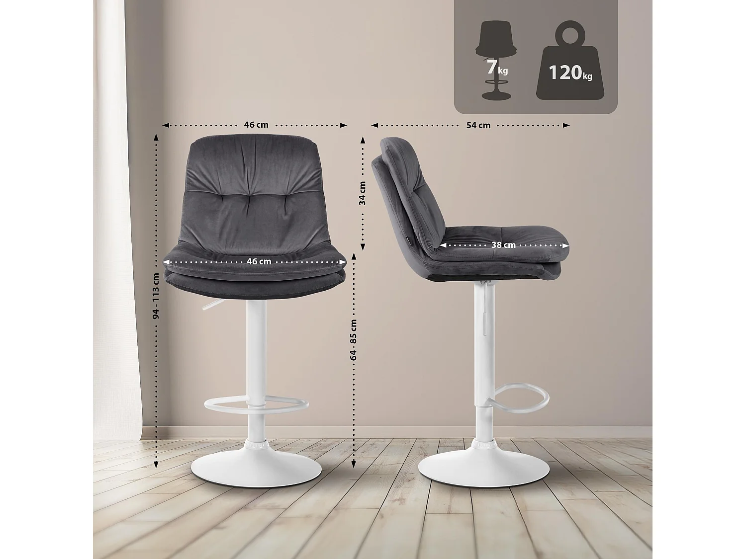 Tabouret de bar - Velours - Gris foncé - Laurel