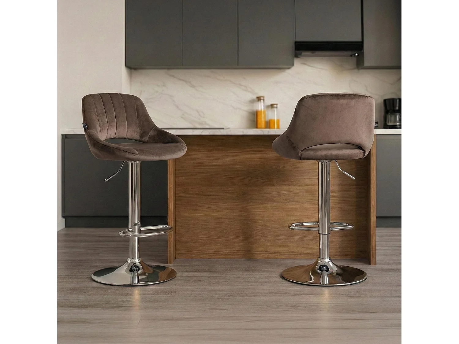 Barkruk - Fluweel & chroom - bruin - Milet