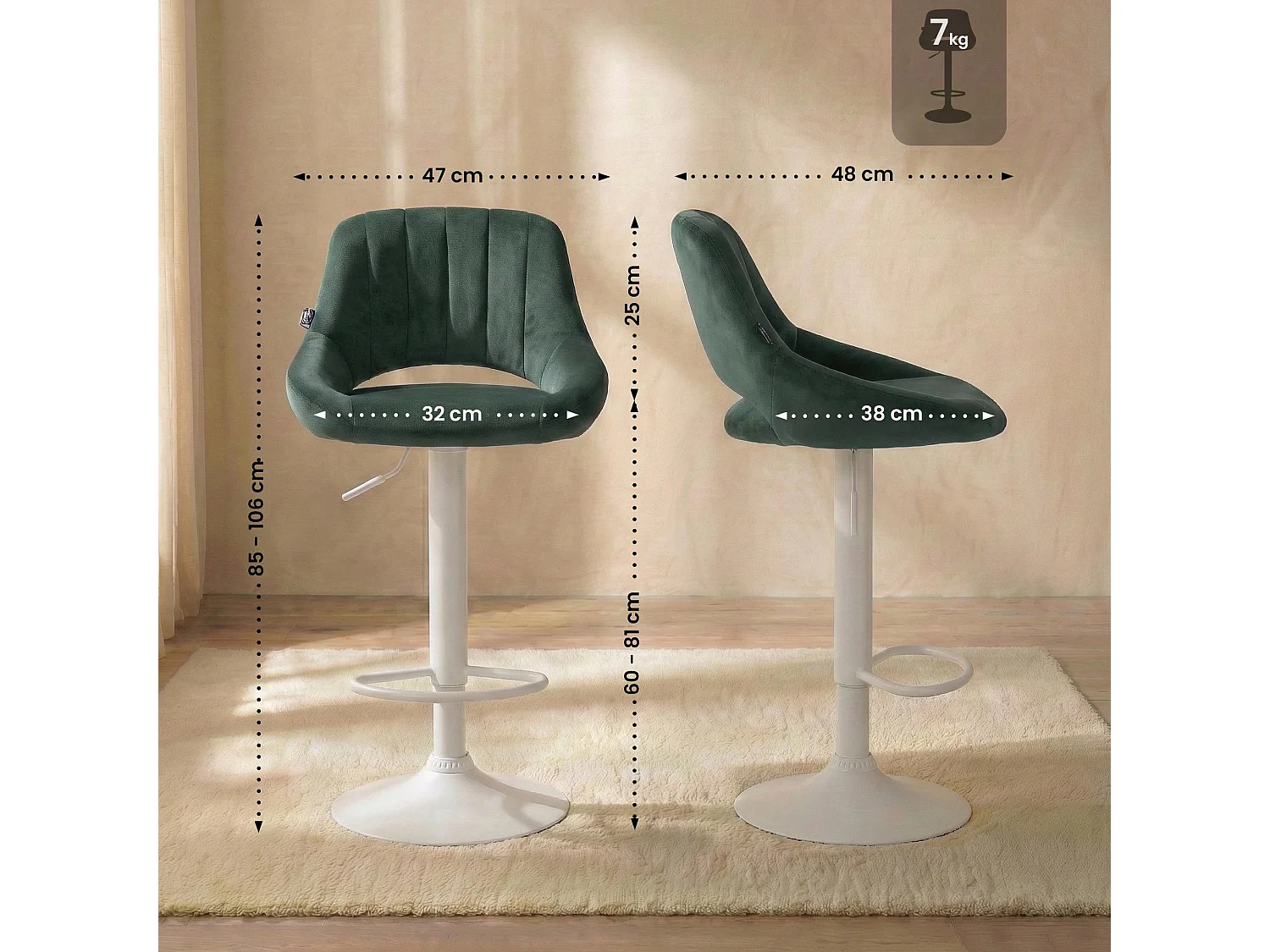 Tabouret de bar - Velours & Blanc - Vert - Milet