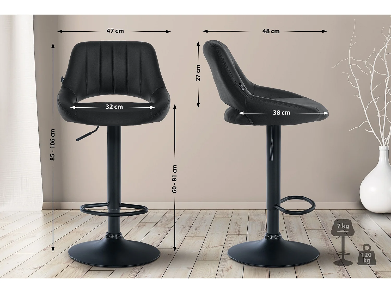 Lot de 2  Tabouret de bar - Similicuir - Noir - Milet