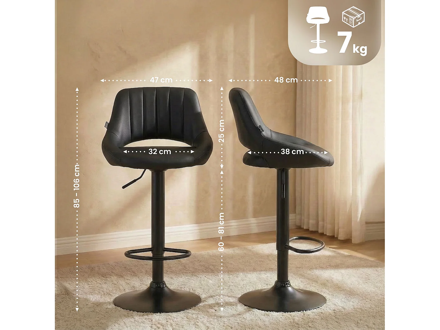 Lot de 2  Tabouret de bar - Similicuir - Noir - Milet