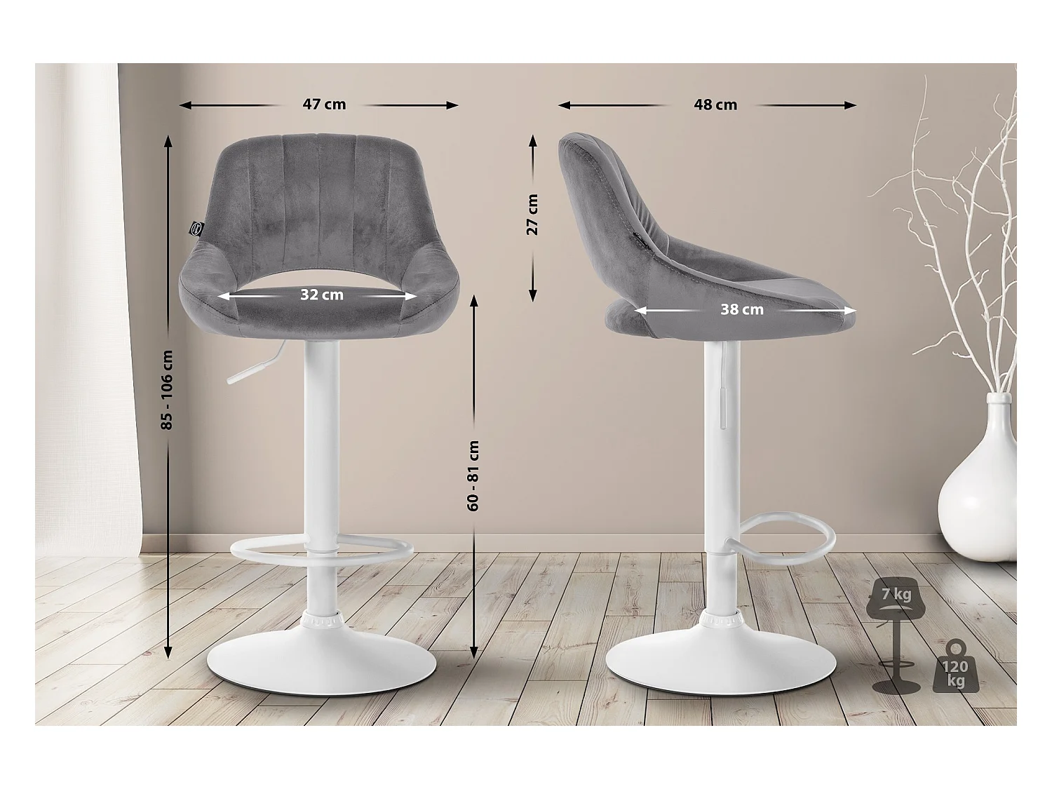 Lot de 2  Tabouret de bar - Velours - Gris foncé - Milet