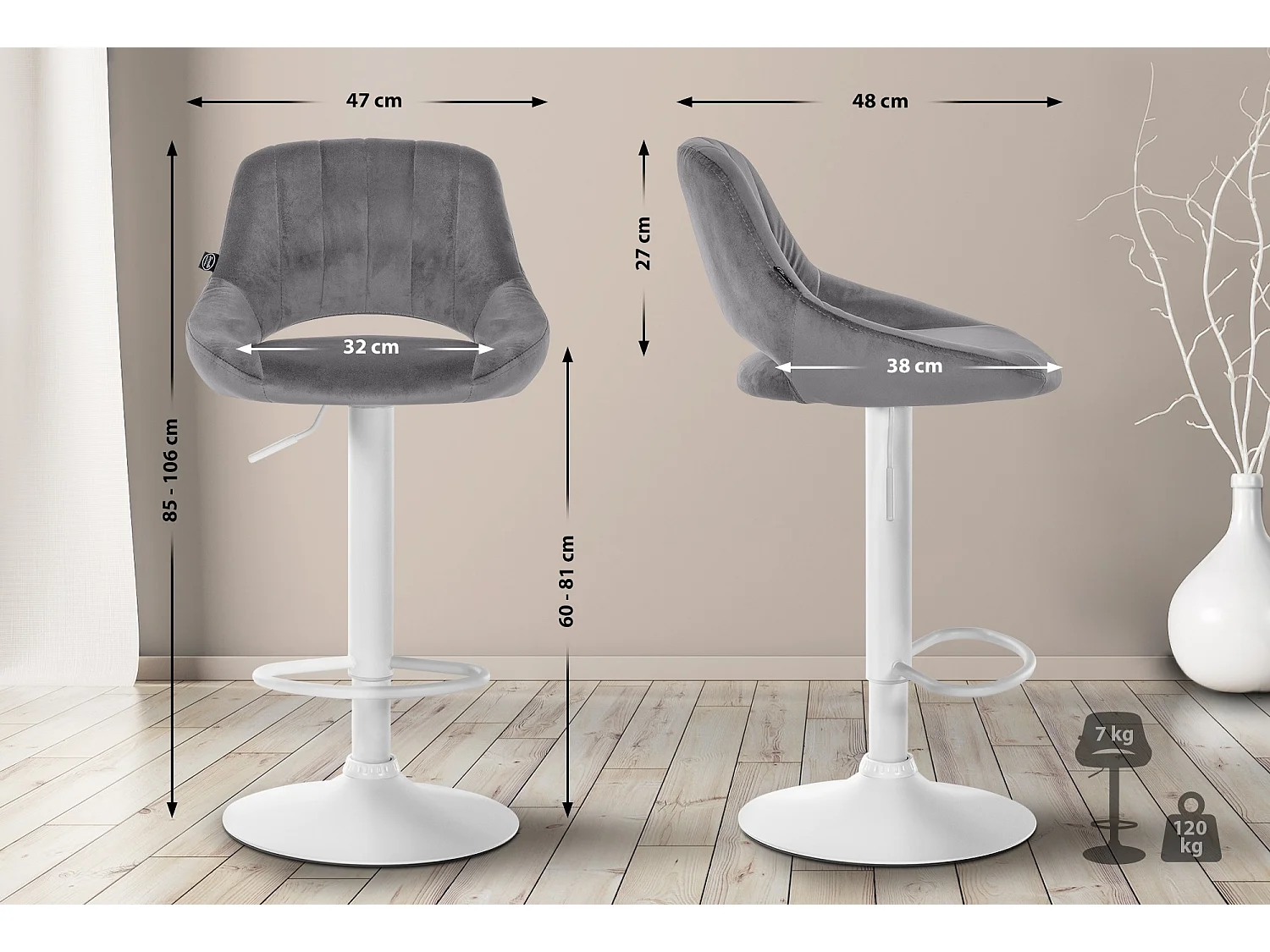 Lot de 2  Tabouret de bar - Velours - Gris foncé - Milet