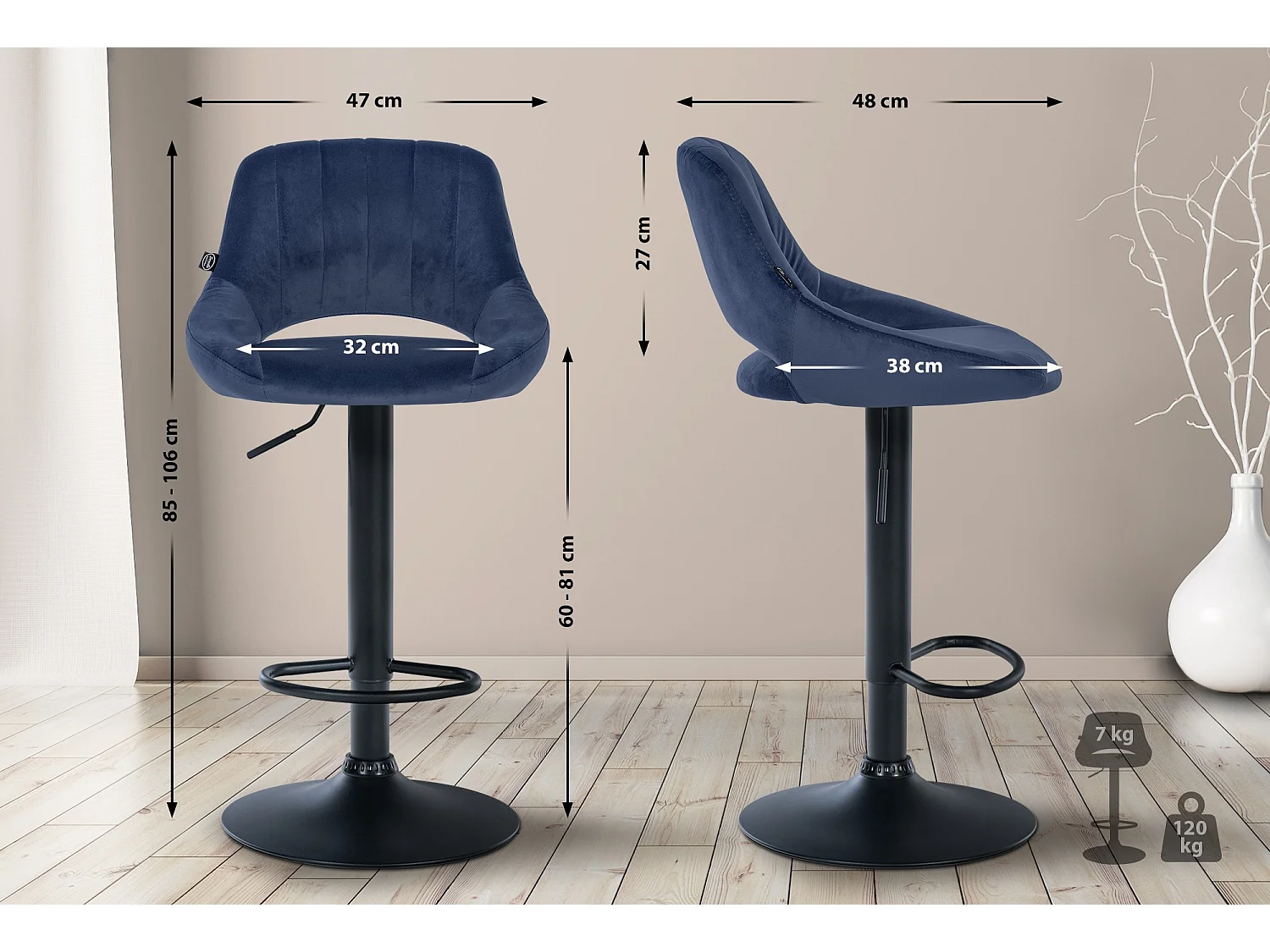 Tabouret de bar - Velours & Noir - Bleu - Milet