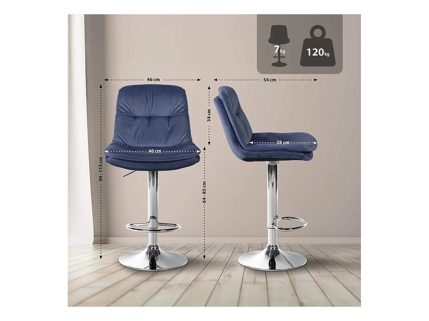 Tabouret de bar - Velours - Bleu - Laurel