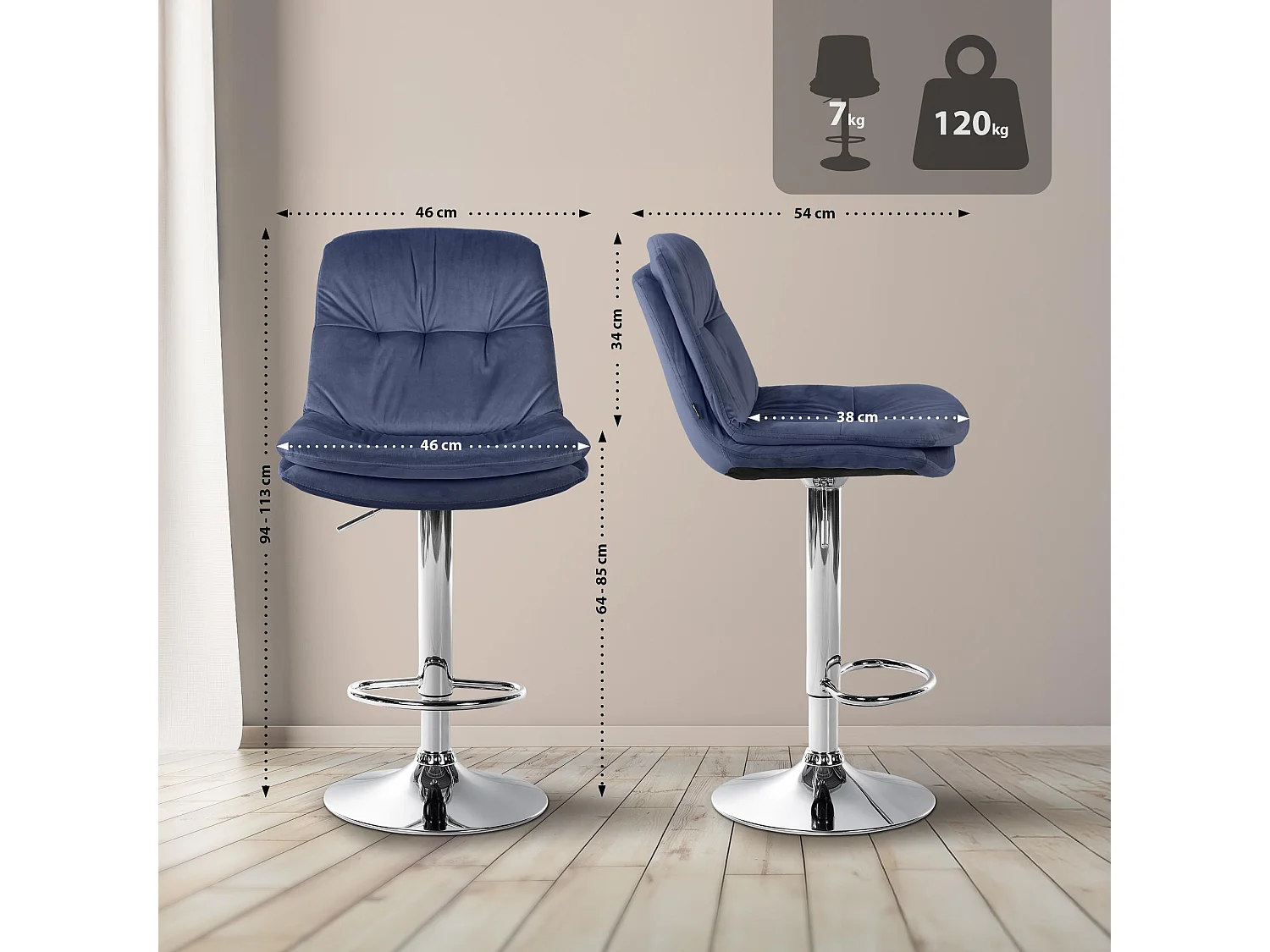 Tabouret de bar - Velours - Bleu - Laurel