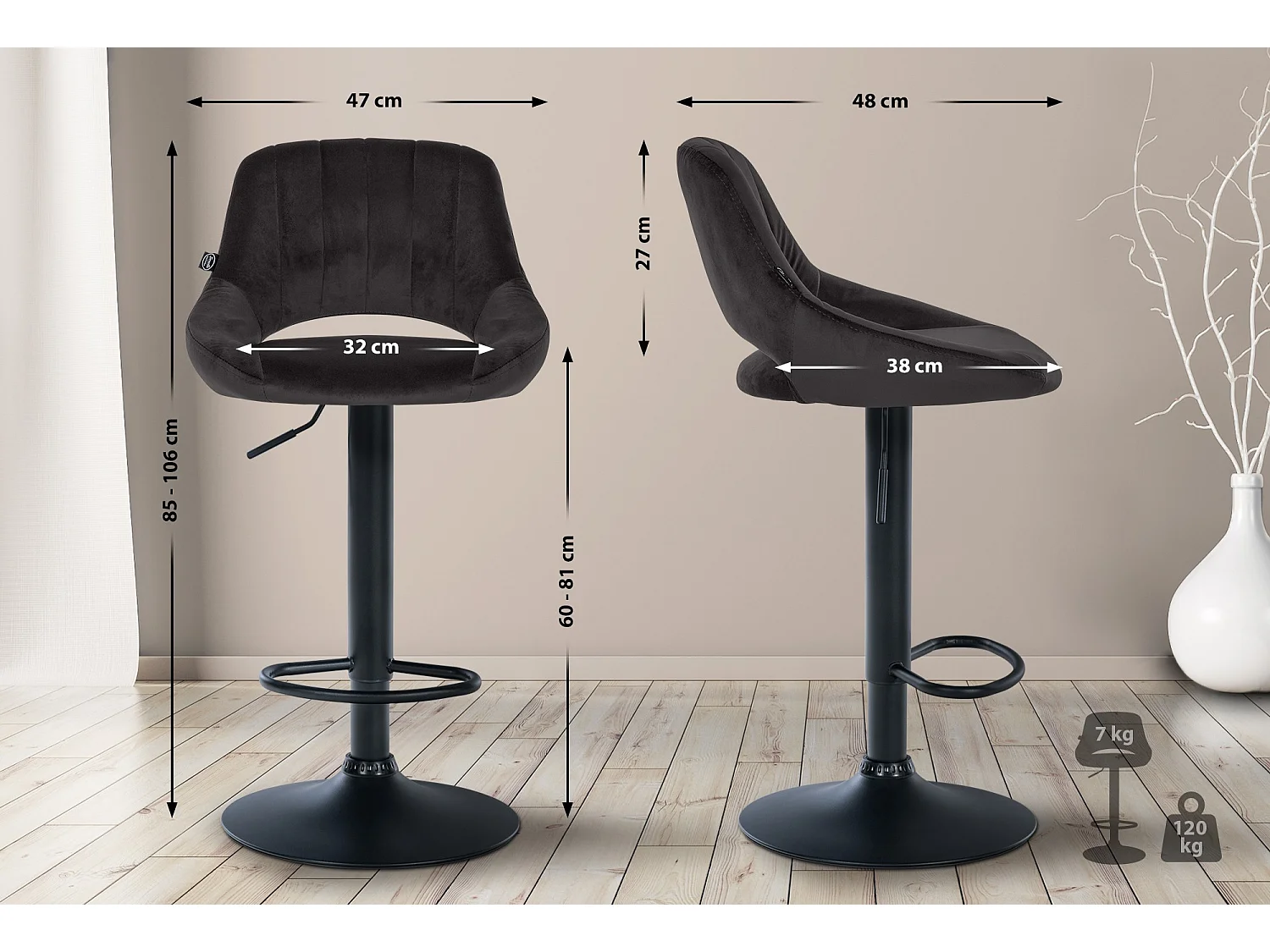 Tabouret de bar - Velours & Noir - Noir - Milet