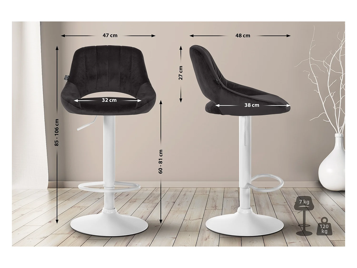 Lot de 2  Tabouret de bar - Velours - Noir - Milet