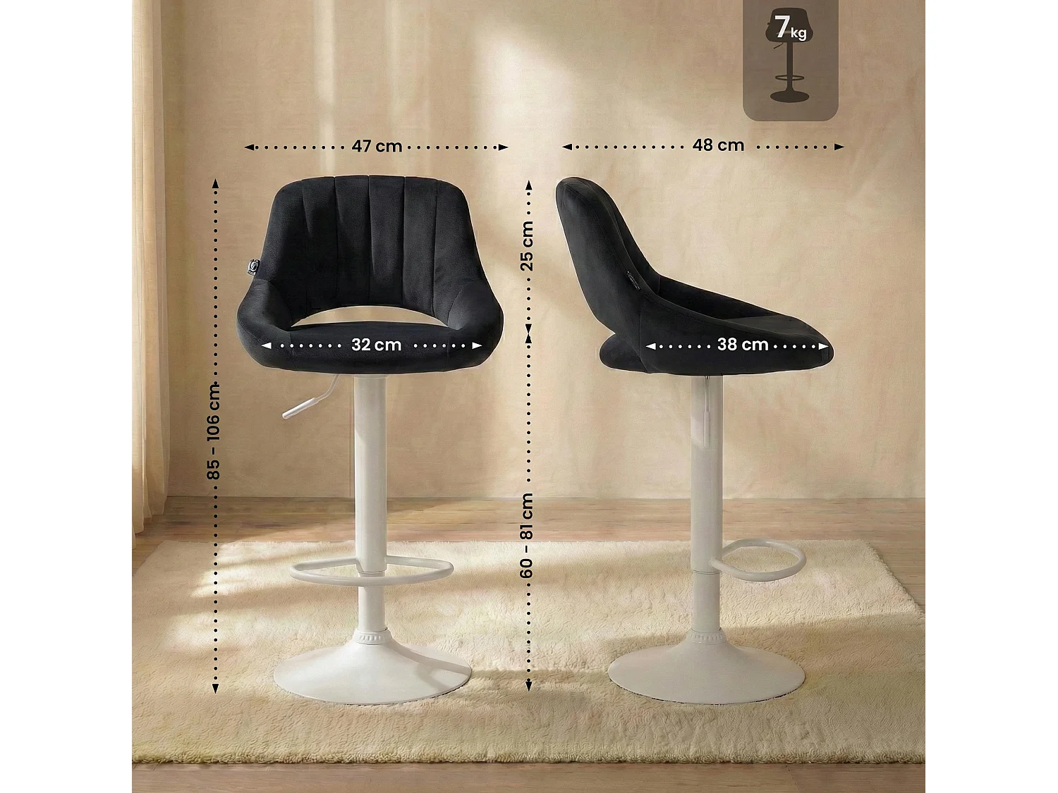 Lot de 2  Tabouret de bar - Velours - Noir - Milet