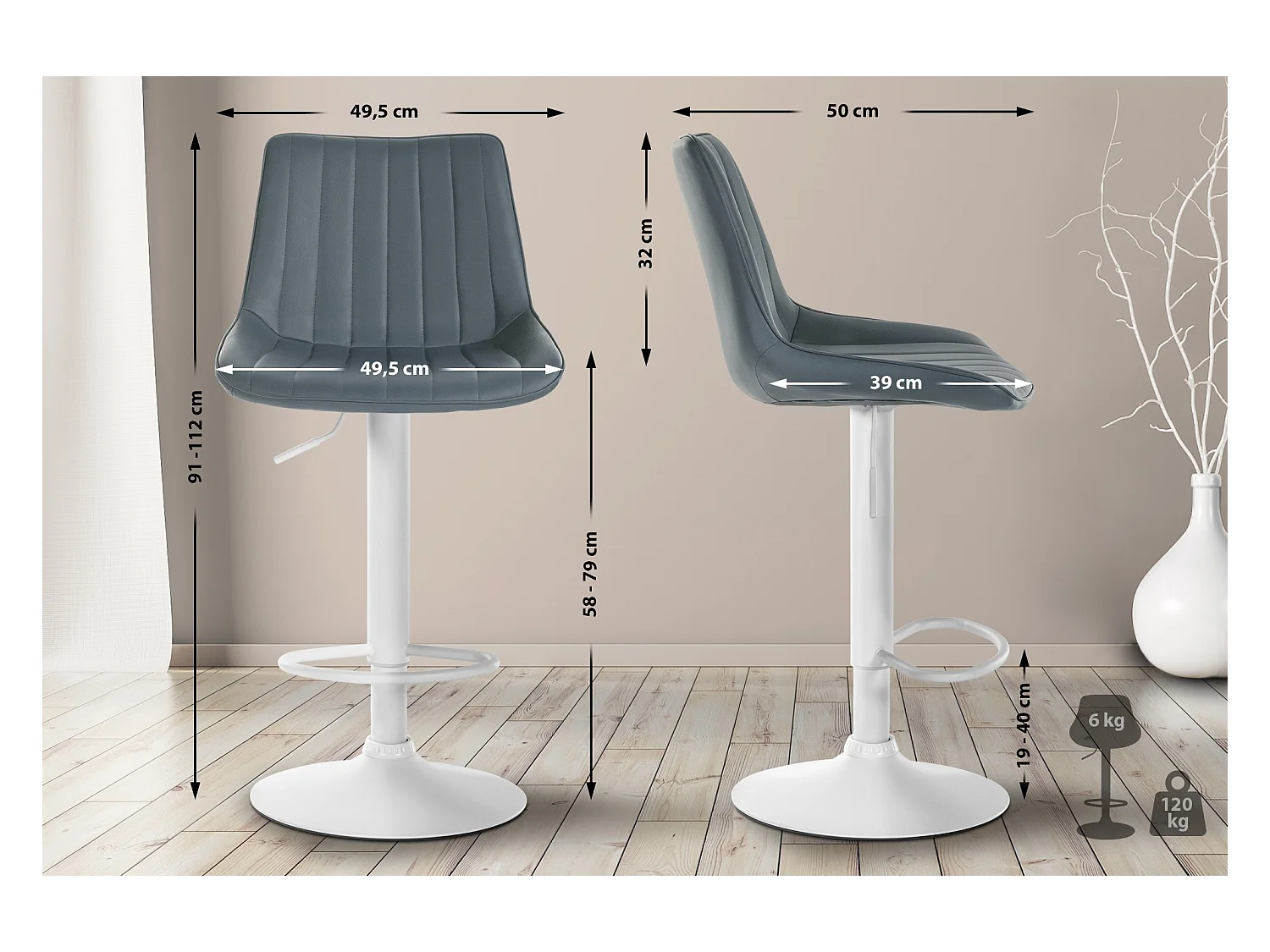 Lot de 2  Tabouret de bar - Similicuir - Gris - Toni