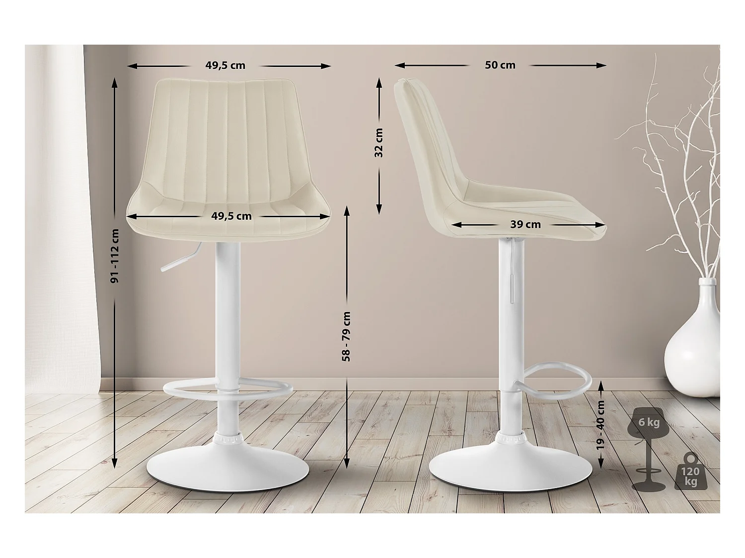 Lot de 2  Tabouret de bar - Similicuir - Crème - Toni