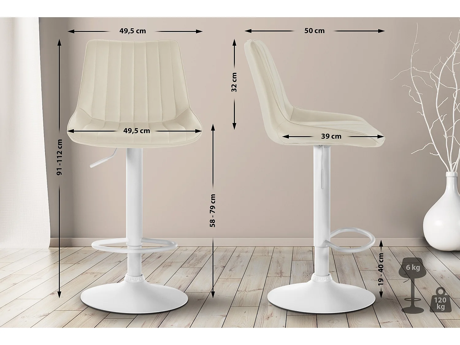 Lot de 2  Tabouret de bar - Similicuir - Crème - Toni