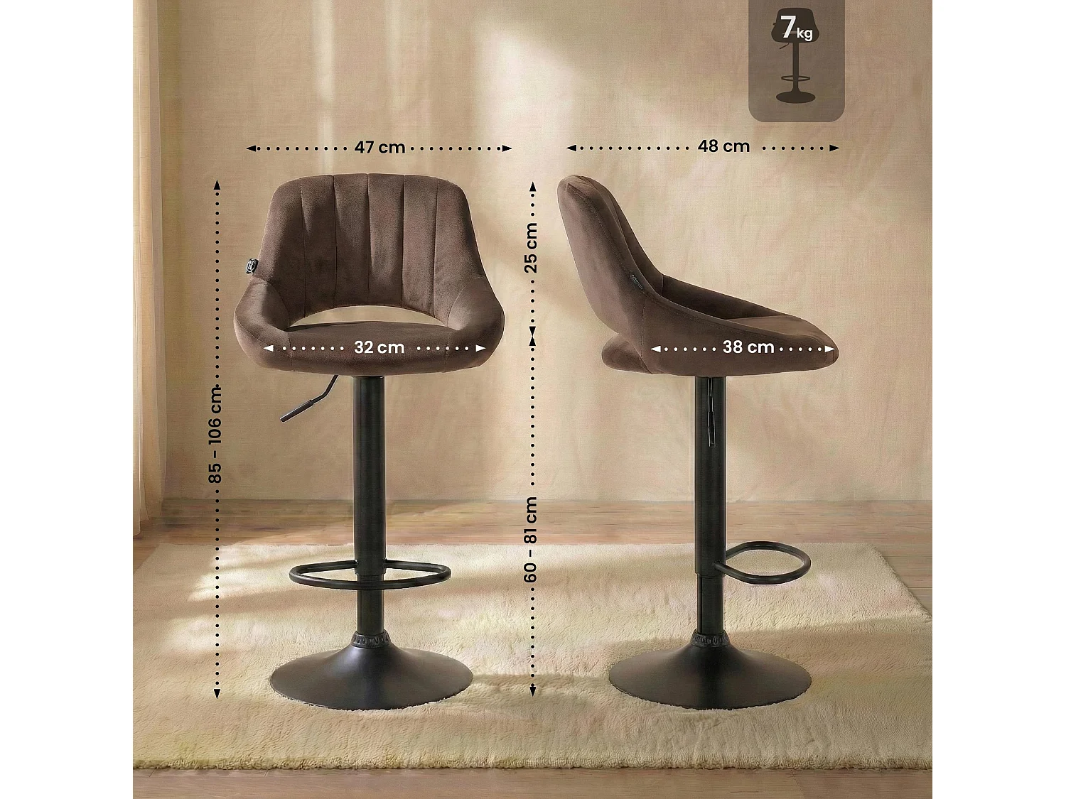 Lot de 2  Tabouret de bar - Velours - Marron - Milet