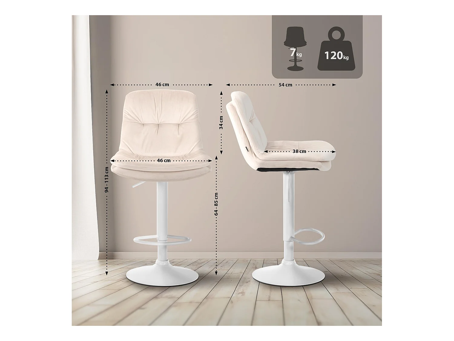 Tabouret de bar - Velours - Crème - Laurel