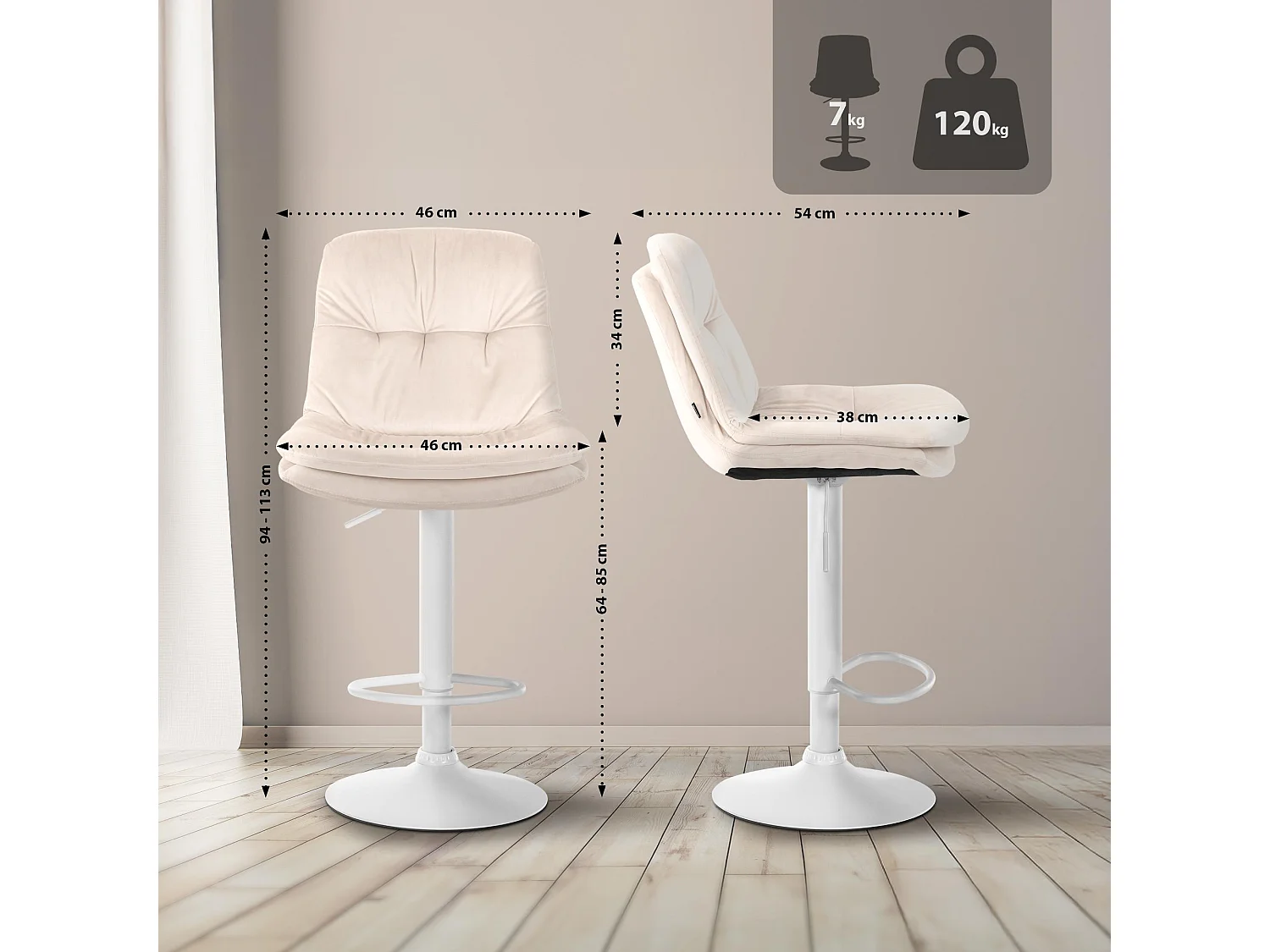 Tabouret de bar - Velours - Crème - Laurel