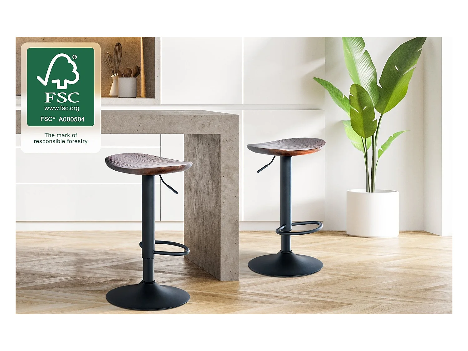 Lot de 4  Tabouret de bar - Bois - Noyer - Skelde