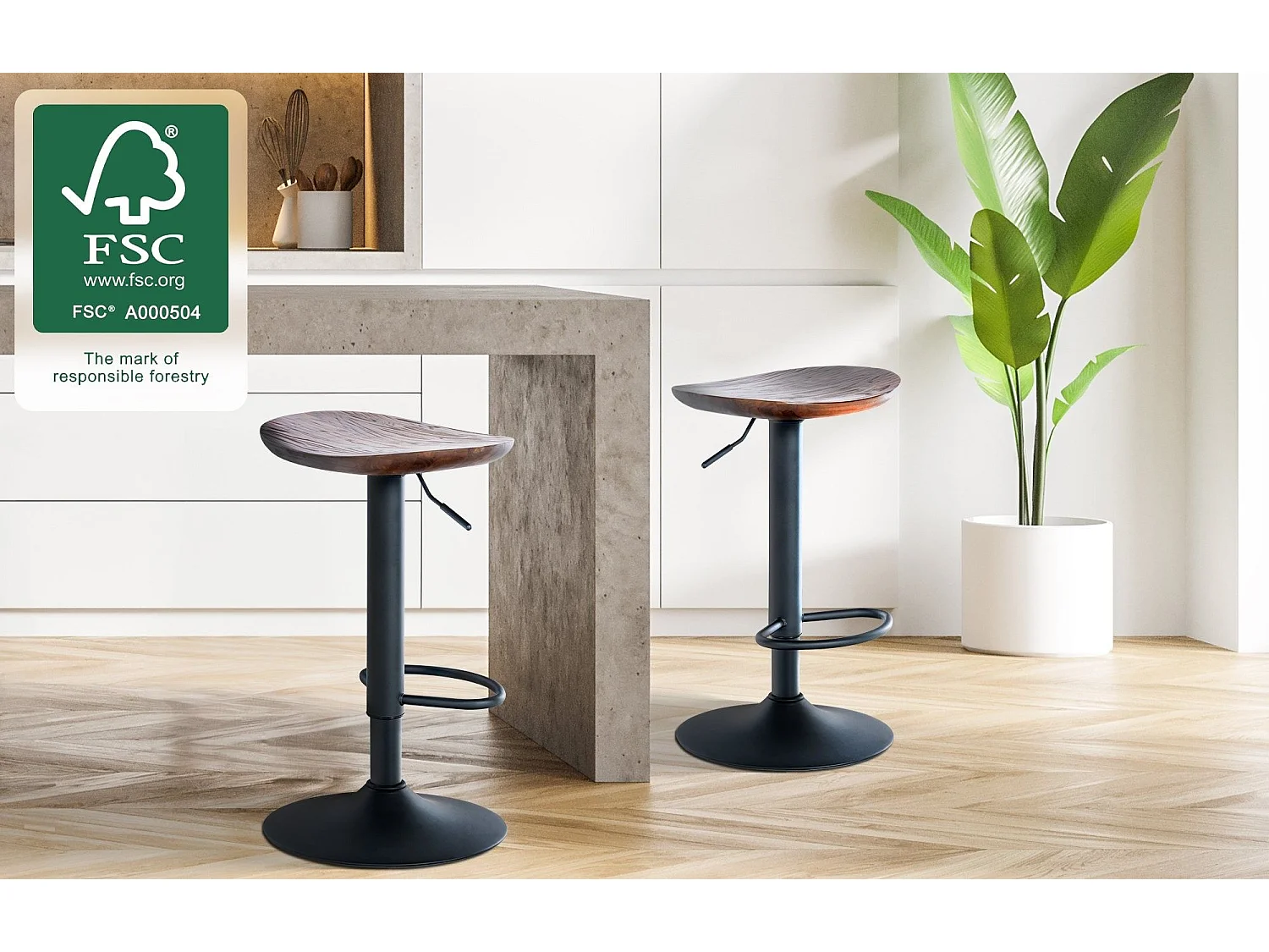 Lot de 4  Tabouret de bar - Bois - Noyer - Skelde