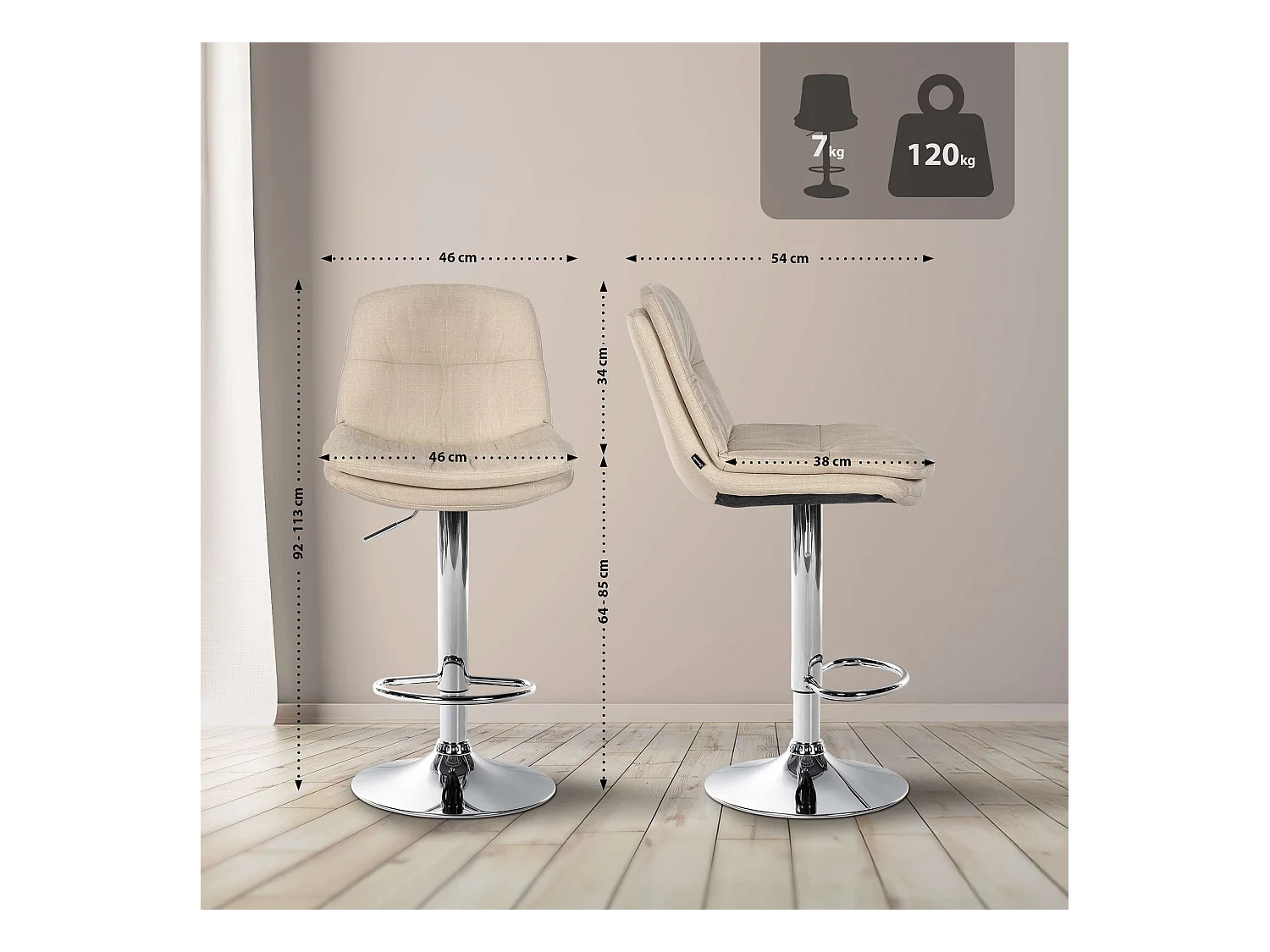 Tabouret de bar - Tissu - Crème - Laurel