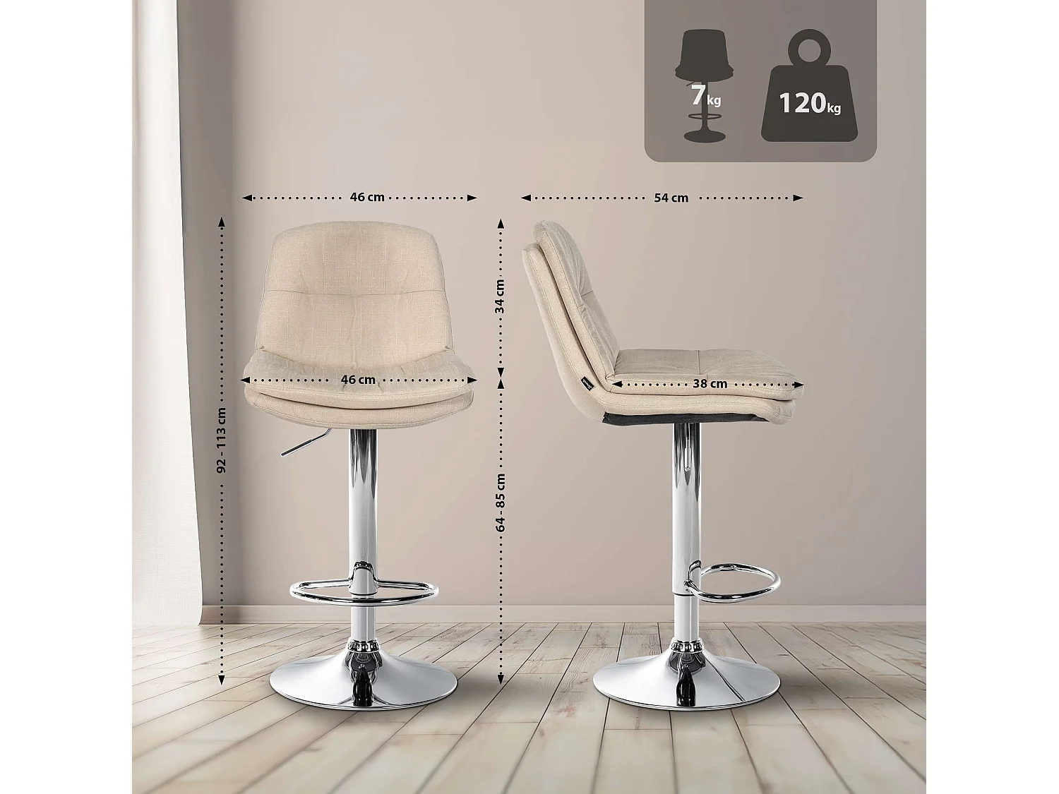 Tabouret de bar - Tissu - Crème - Laurel