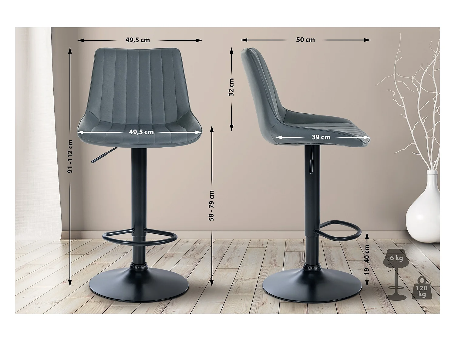 Lot de 2  Tabouret de bar - Similicuir - Gris - Toni